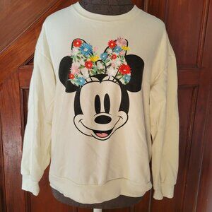 Disney Minnie Mouse Womens Crewneck Sweatshirt W/ Floral Embroidery Graphic Ivor